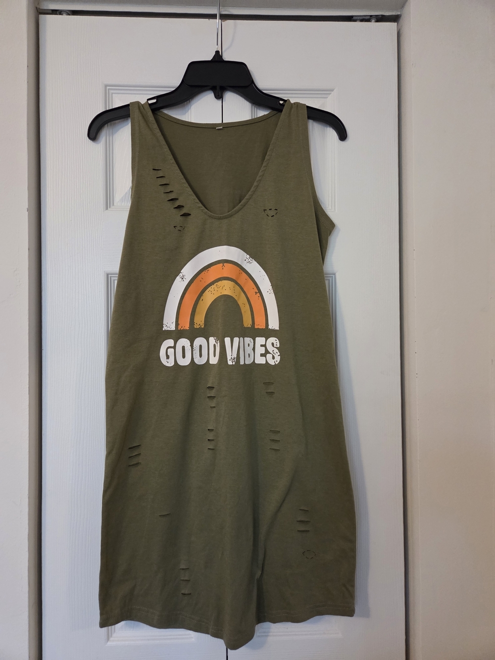 Olive Green Tank Dress with Retro Rainbow "Good Vibes" Graphic